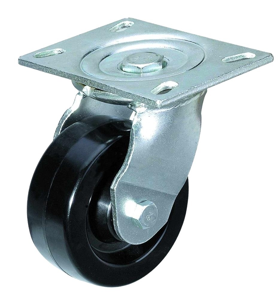 RUEDA DE RESINA FENOLICA 4″ (102mm) X 48mm / Phenolic Wheel with SWIVEL W/6203 bearing ; PLATE 100X114mm.