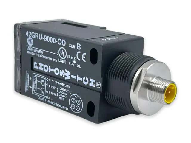 Sensor, Photoelectric, Retro-Reflective, 10 – 30 Volt DC, Visible Red Beam Source, 9.1 meter, Sensing Distance, 4 Pin DC Micro Connector Sensor, Photoelectric, Retro-Reflective, 10 – 30 Volt DC, Visible Red Beam Source, 9.1 meter, Sensing Distance, 4 Pin DC Micro Connector