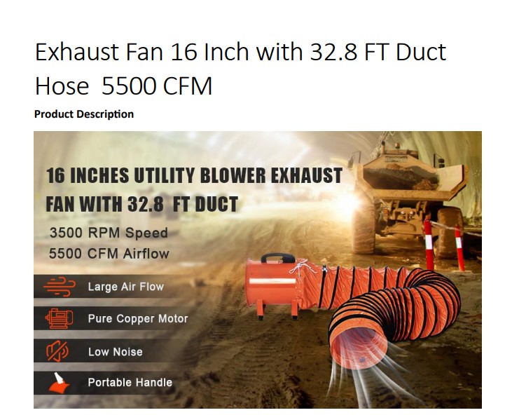 Ventilador (blower) Axial Anti-Explosión 16″ 1500W; 110 V; High Velocity Ventilator w/ Duct Hose 32.8FT Ventilador (blower) Axial Anti-Explosión 16″ 1500W; 110 V; High Velocity Ventilator w/ Duct Hose 32.8FT