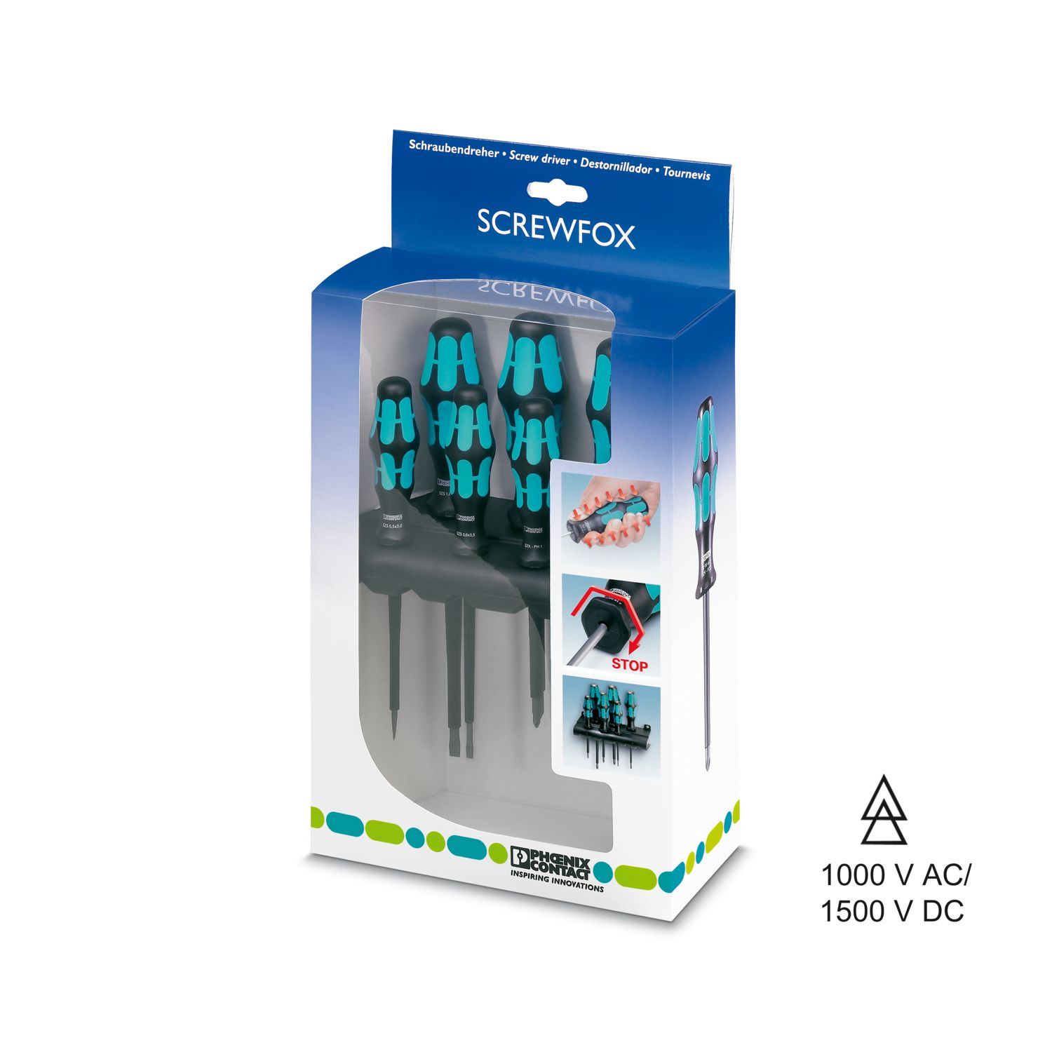 Set de destornilladores, cruz/ranura Phillips Recess, aislamiento VDE, 6 piezas, incl. rack